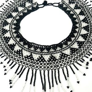 Handmade Beaded Geometric Necklace - Mexican Huichol Style Black & White